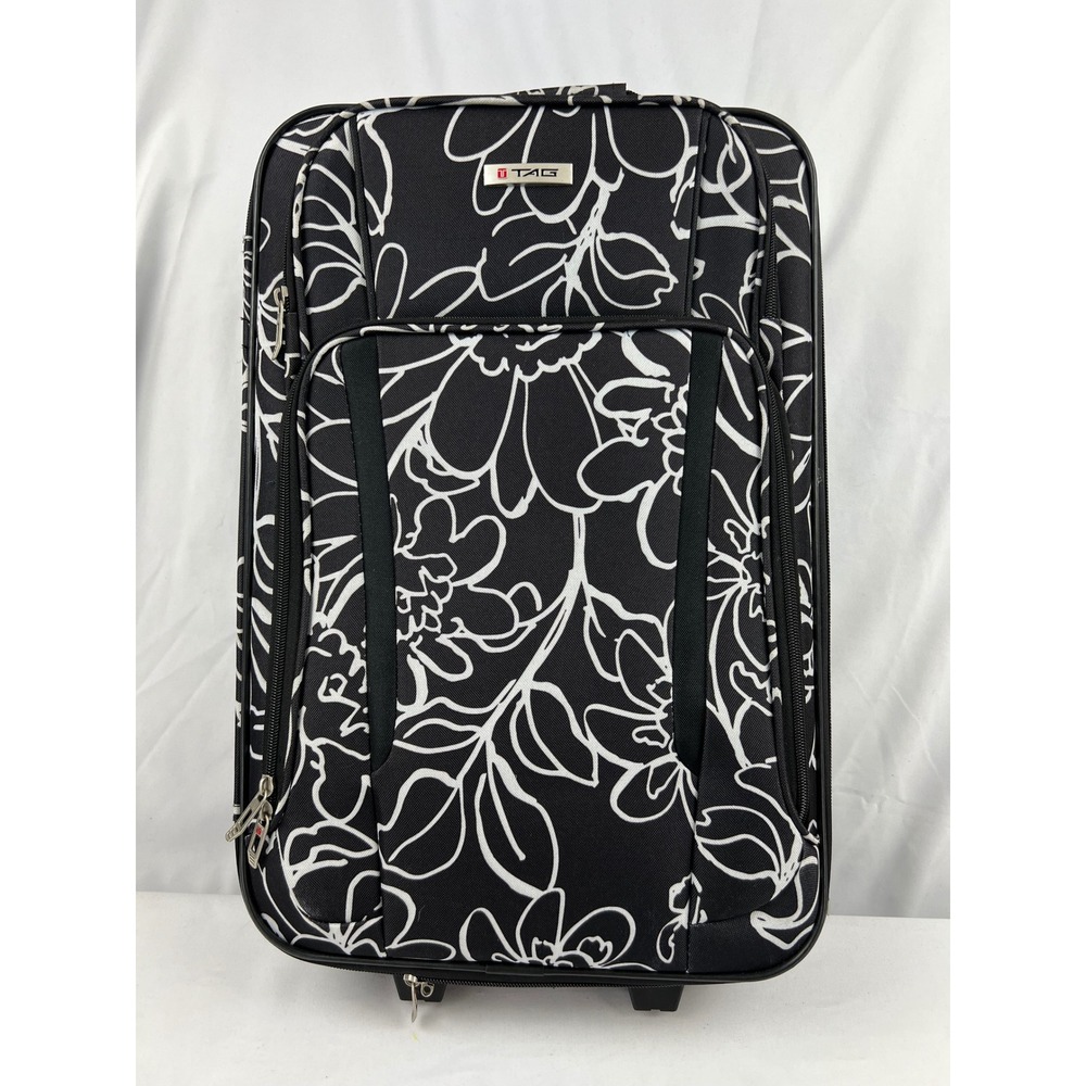 TAG Floral Rolling Suitcase Carry-On Bag Black White 21" Softside Luggage Good